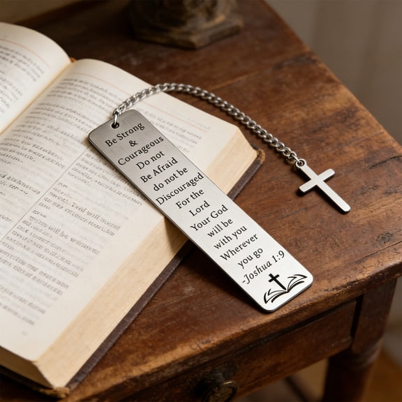 Inspirational Bookmark, Engraved Bookmark, Stainless Steel Bookmark for Reading Gifts, Motivational Scripture Design with Cross Pendant, Baptism or Workplace Encouragement, 1 Count
