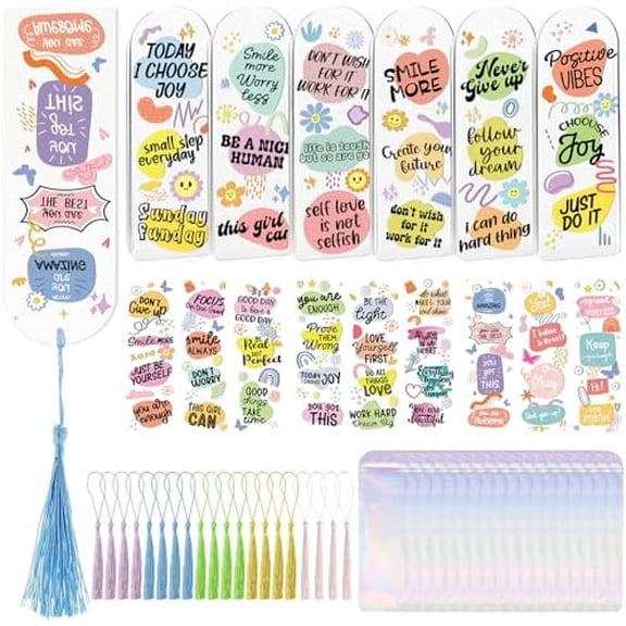 Inspirational Bookmark Making Kit - 60 PCs Boho Motivational Clear Acrylic Bookmarks Blanks Colorful UV DTF Stickers DIY Craft Transparent Book Marks with Tassels for Reading Lover Kids Gift