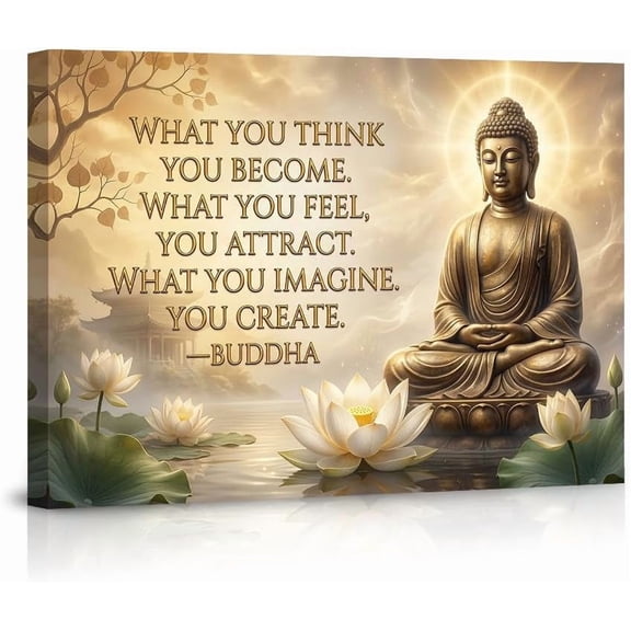 Inspirational Buddha Wall Art Canvas Poster with Motivational Quote What You Think You Become Zen Lotus Flower Home Decor for Living Room Bedroom Office