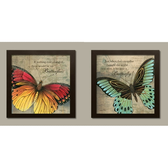 Inspirational Butterfly "If Nothing Ever Changed There Would Be No Butterflies" and "Just When The Caterpillar Thought The World Was Over, It Became A Butterfly"; Two 12x12in Brown Framed Prints