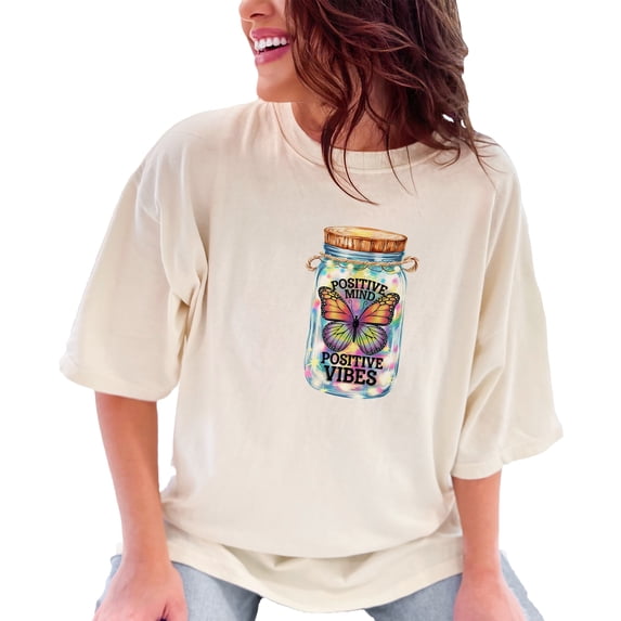 Inspirational Butterfly T-Shirt, Positive Mind Positive Vibes, Uplifting Mason Jar Graphic Tee, Motivational Quote T-Shirt, Colorful Design, Ivory Comfort Colors T-Shirt, XL