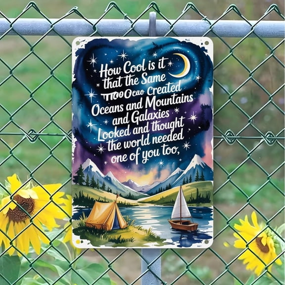 Inspirational Camping Lake Mountains Night Sky Metal Wall Sign, Vintage Nature Scenery Home Decor, 8 x 12 Inch