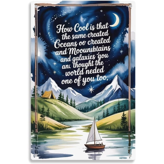 Inspirational Camping Nature Quote Tin Sign, Vintage Watercolor Mountains Lake Sailboat Metal Wall Decor for Home Bedroom Kitchen Bar Dorm Bathroom, 8 x 12 Inch