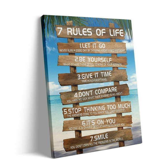 Inspirational Canvas Wall Art Decor - 7 Rules of Life Canvas Art Print, Motivational Beach Print Artwork, Positive Artwork for Office, Classroom or Home Decoration