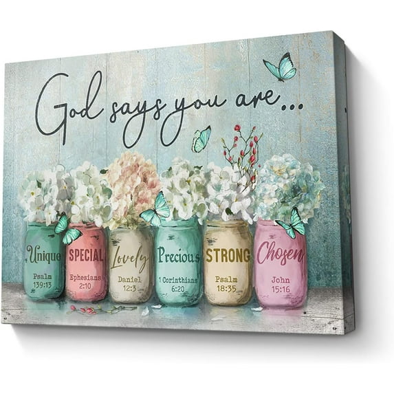 Inspirational Canvas Wall Art Encouraging Bible Verses On Cute Marson Jars and Butterflies God Says You Are Teal Background Artwork for Living Room Bedroom Bathroom Office Home Decor 12x16 In