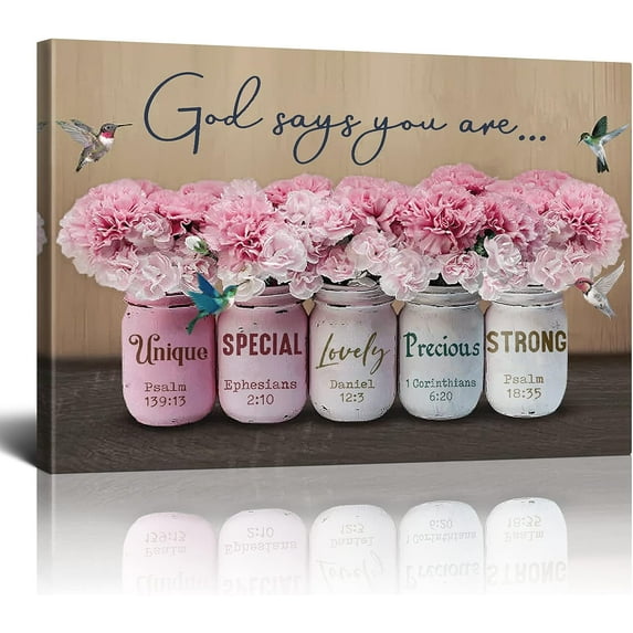 Inspirational Canvas Wall Art Encouraging Bible Verses On Cute Marson Jars With Hummingbird God Says You Are For Home Office Apartment Room Decor Flowers Wall Decoration 12x16 Inch (Pink)