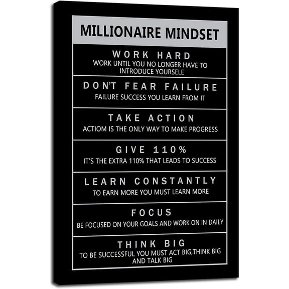 Inspirational Canvas Wall Art Motivational Success Painting Millionaire Mindset Picture Poster Inspiration Office Quotes Print Artwork for Living Room Framed Stretched Ready to Hang[12''W x 18''H]