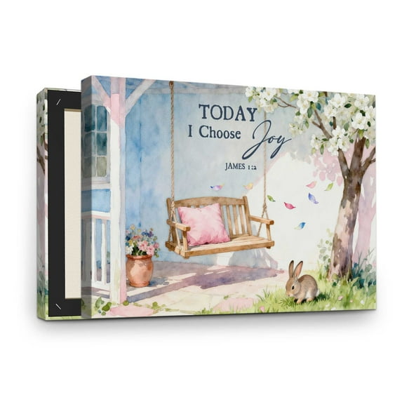 Inspirational Canvas Wall Art – "Today I Choose Joy" (James 1:2) Biblical Verse, Rustic Porch Scene with Swing & Bunny, Farmhouse Wall Decor for Living Room/Bedroom