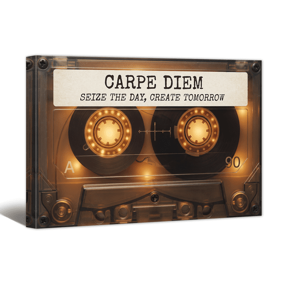 Inspirational Cassette Tape Canvas Wall Art Seize The Day Text Prints, Positive Affirming Artwork Vintage Painting for Home Living Room Bedroom Office Decor