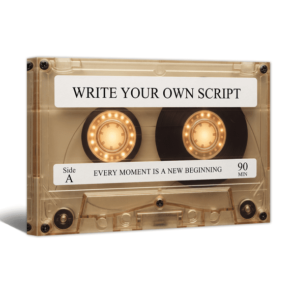 Inspirational Cassette Tape Canvas Wall Art Write Your Own Script Text Print, Positive Affirming Artwork Vintage Painting for Home Living Room Bedroom Office Decor