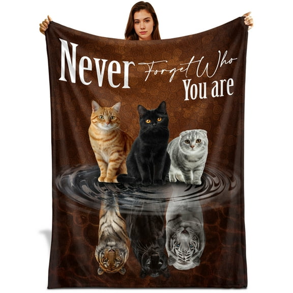 Inspirational Cat Blanket, Never Forget Who You Are Fleece Throw, Motivational Animal Print Blanket, Big Cat Reflection Gift for Cat Lovers, Soft Cozy Blanket for Birthday or Christmas