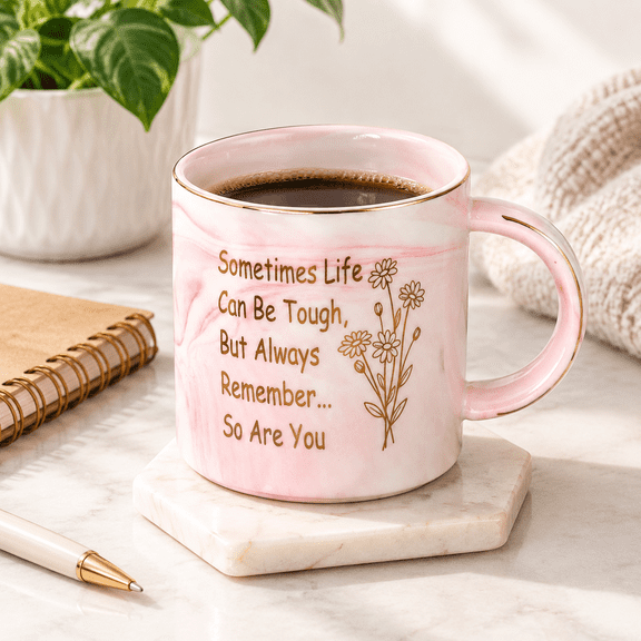 Inspirational Ceramic Coffee Mug, 11.5oz, Pink Marble Pattern, Encouragement Gift