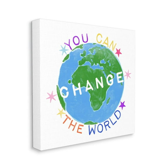 Inspirational Change the World Quote Earth Kids Words Art for Kids Gallery-Wrapped Canvas Print Wall Art, 17x17