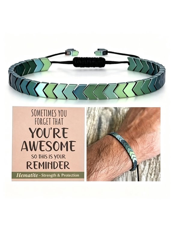 Inspirational Chevron Beaded Bracelet with Adjustable Cord and Youre Awesome Message Card, Green and Teal Arrow Wristband, Encouragement Gift for Him