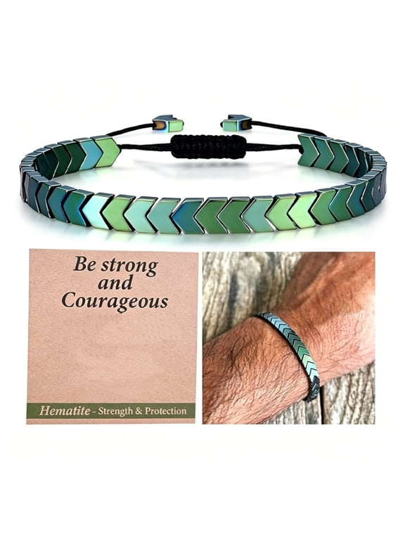 Inspirational Chevron Beaded Bracelet with Adjustable Cord and Message Card, Green and Teal Arrow Wristband, Strength and Courage Encouragement Gift