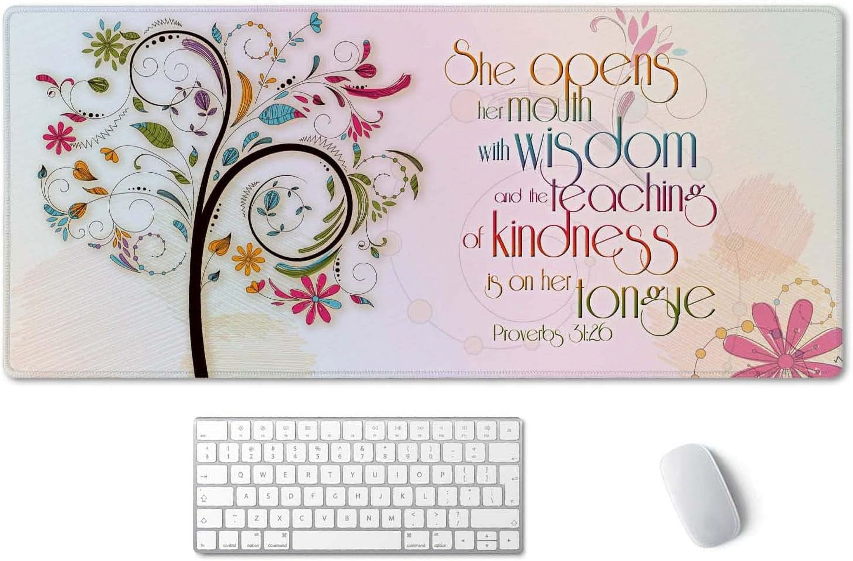 Inspirational Christian Bible Verse Proberbs Quotes Extended Gaming Mouse Pad 35.5x15.7 in, Large Mouse Pad, She Opens Her Mouth with Wisdom and The Teaching of Kindness is on Her Tongue