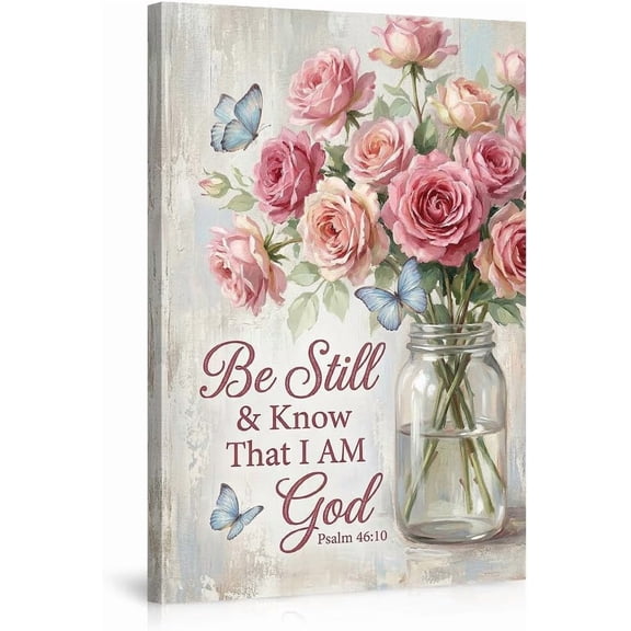 Inspirational Christian Canvas Wall Art Be Still and Know That I Am God Psalm 46 10 Pink Roses Butterflies Mason Jar Floral Bible Verse Home Decor