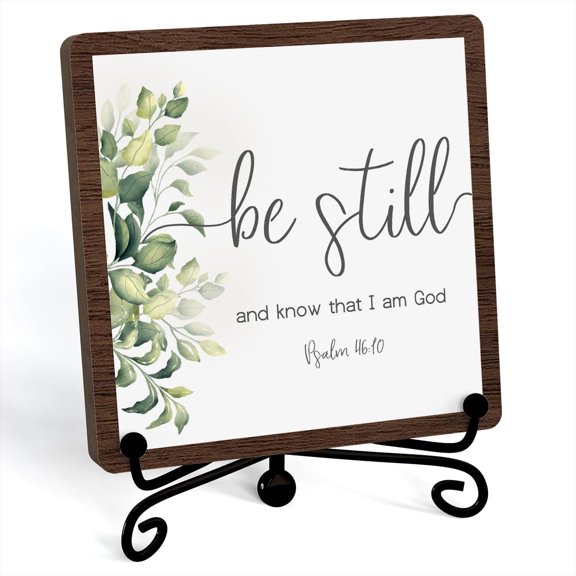 Inspirational Christian Desk Decor, Be Still And Know That I Am God Sign, Desk Decorations For Office Home Living Room Bathroom, Eucalyptus Shelf Decor, Wooden Plaque With Stand (C10)