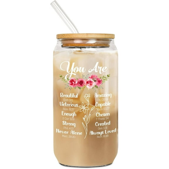 Inspirational Christian Gifts For Women - Christmas, Thanksgiving, Birthday Gifts For Women, Friend, Thank You, Spiritual, Religious, Motivational - 16oz Glass Cups With Lids And Straws