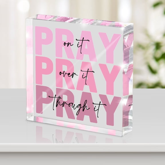 Inspirational Christian Gifts for Women Pink Pray on it Pray over It Pray Through It Bible Verse Tin Sign for Prayer Corner Church Office Dorm Room Decor 8x12 Inch