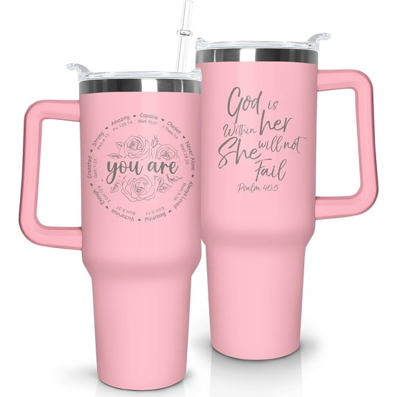 Inspirational Christian Gifts For Women - Unique Motivational Religious Catholic Christmas Birthday Gifts for Her 40oz Insulated Stainless Steel Tumbler with Handle and Straw Lid Cup Mug