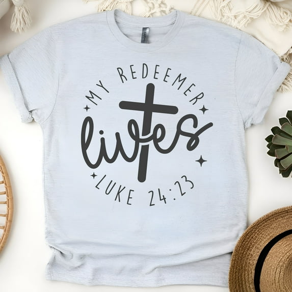 Inspirational Christian Tee with Cross and Luke 24:23 Print, Ash, Size XL
