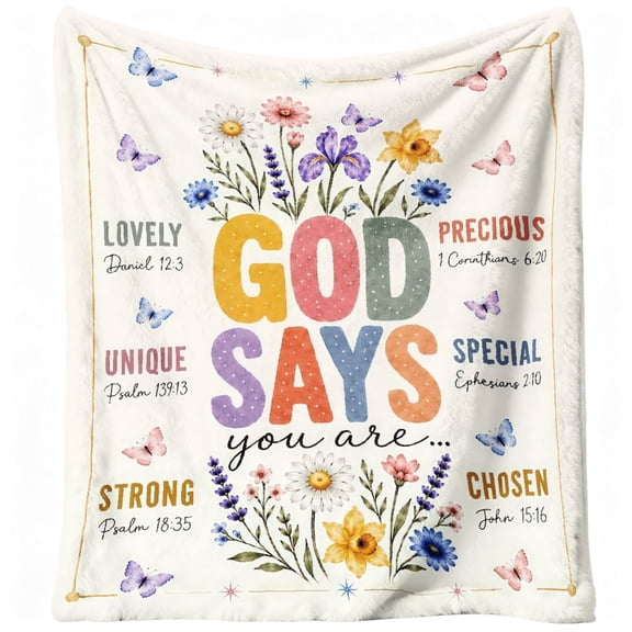 Inspirational Christian Throw Blanket, Soft Faith Flannel Blanket, God Says You Are with Floral Bible Verse Design, Religious Gift for Women, Mom