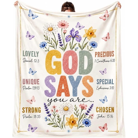 Inspirational Christian Throw Blanket, Soft Faith Flannel Blankets | "God Says You Are" with Floral Bible Verse Design, Religious Gift for Women, Mom, Daughter, Birthday & Christmas Decor