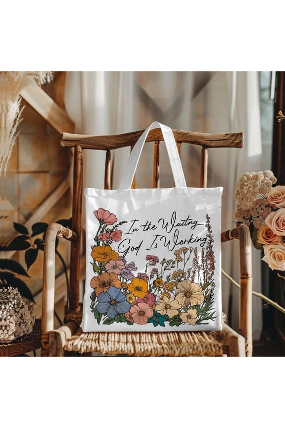 Inspirational Christian Tote Bag for Women, In the Waiting God Is Working, Vintage Floral Canvas Bag, Faith-Based Gift, Bible Verse Tote, Reusable Church Bag, Scripture Tote for Prayer & Worship