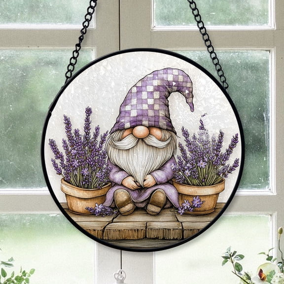 Inspirational Christmas Gift - Purple Gnome Elf Lavender Painted Flowers All Season Xmas Stained Glass Hanging Ornament - Clean Holiday Tree Decoration, Great Christmas Gift for Family & Friends