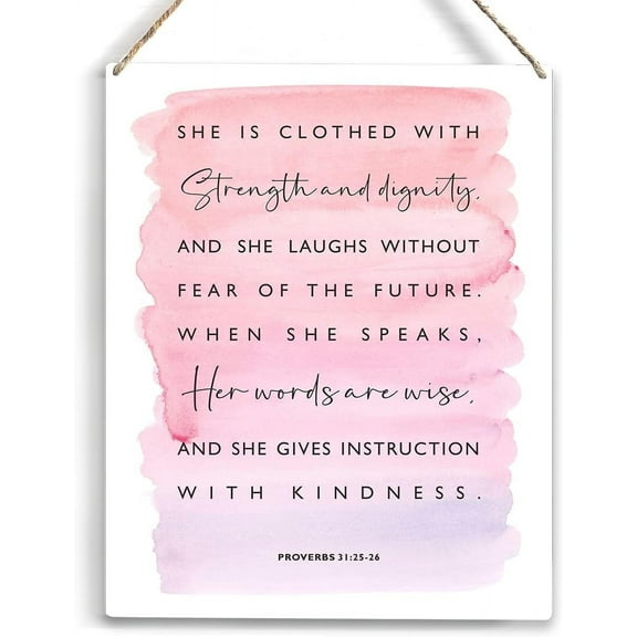 Inspirational She Is Clothed With Strength Bible Verse Wood Sign Rustic Proverbs 31:25-26 Watercolour Christian Wooden Hanging Plaque For Home Wall Art Decoration 8 X 10 Inches Present