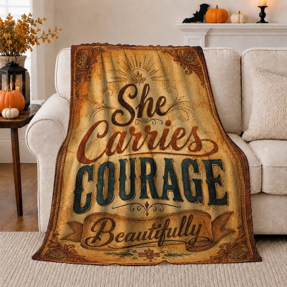 Inspirational Courage Quote Rustic Teal Typography, Cozy Typography Art Scene, Warm Flannel Blanket for Ranch House and Living Room, Art Lovers Thanksgiving Gift, Artistic Home Decor