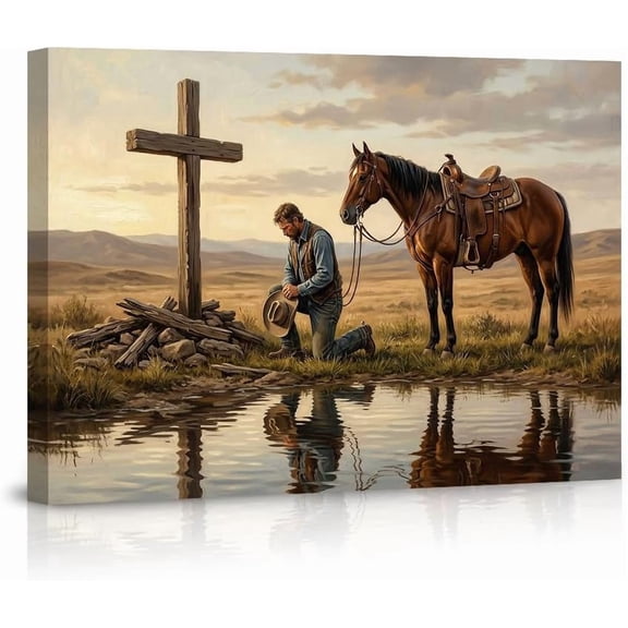 Inspirational Cowboy Praying at Cross Canvas Wall Art Western Horse Landscape Rustic Christian Faith Home Decor Pictures for Living Room Bedroom
