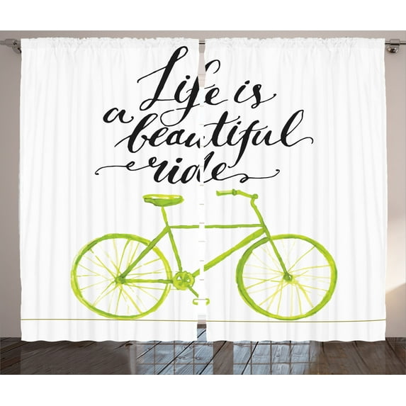 Ambesonne Inspirational Curtains 2 Panel Set, Life is a Bike Ride, 108" x 90", Green Black