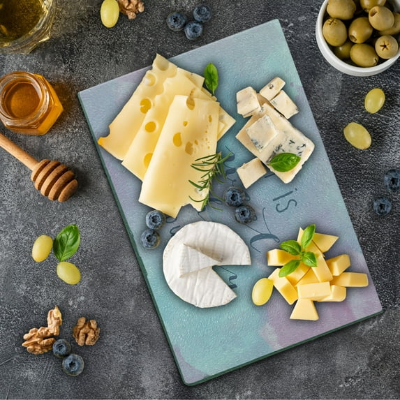 Inspirational Cutting Board, Abstract Watercolor Style with Arrows Typography Inspired Pattern, Decorative Tempered Glass Cutting and Serving Board, Small Size, Pale Blue Gray Pink, by Ambesonne