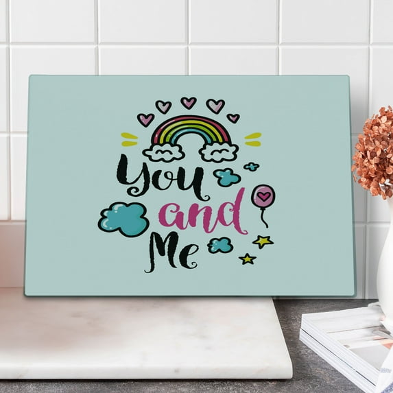 Inspirational Cutting Board, You and Me Words with Rainbow Clouds and Hearts Love Romance Doodle Print, Decorative Tempered Glass Cutting and Serving Board, Large Size, Multicolor, by Ambesonne