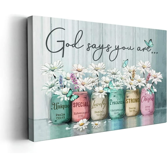 Inspirational Daisy Flower Wall Art Encouraging Bible Verses Wall Decor Marson Jars with Butterflies God Says You Are Wall Art for Bathroom Bedroom Office Framed Artwork 12x16 inch (Teal)