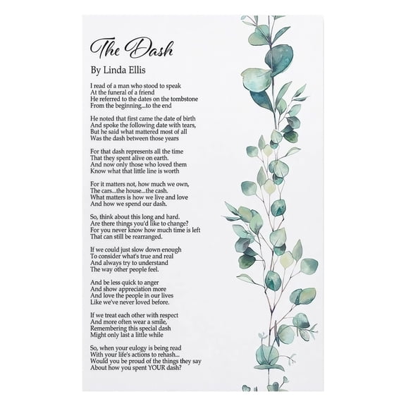 Inspirational Dash Poem Poster Live Your Dash Linda Ellis Quote Motivational Wall Art for Home Office Decor Funeral Reading Memorial Service Gift Idea