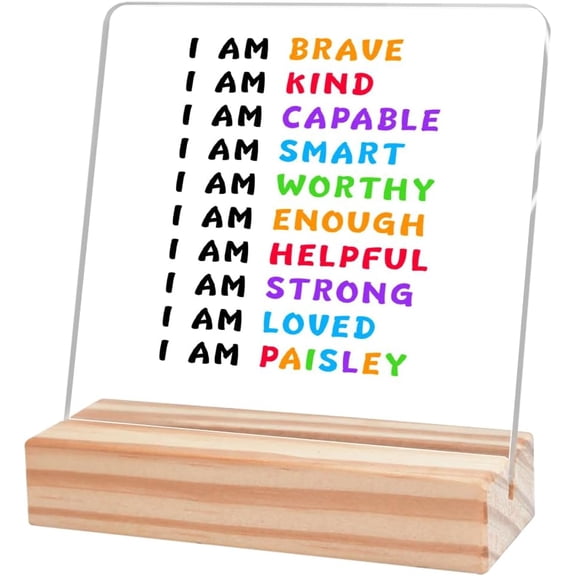 Inspirational Desk Decor,Classroom Decor I am Kind Smart Brave Positive Affirmations Acrylic Desk Plaque Sign with Wooden Stand for Home Nursery Playroom Classroom Dorm Shelf Table Decor