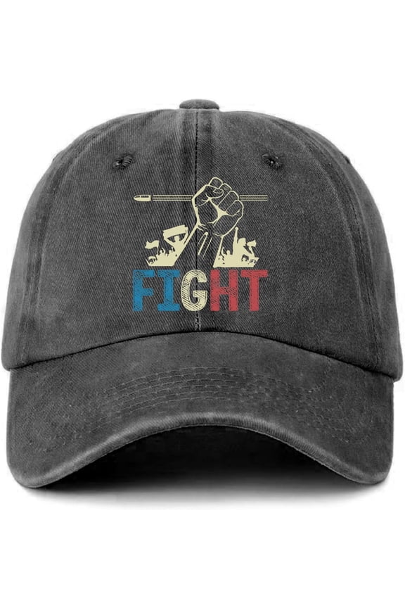 Inspirational Distressed Washed Black Baseball Cap Fight Theme Printed Baseball