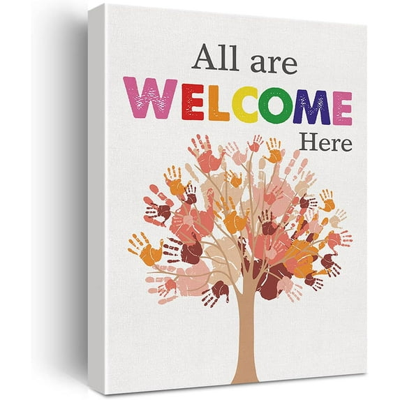 Inspirational Diversity Wall Art All are Welcome Here Watercolor Canvas Painting Prints for Classroom Wall Decor Framed Equality Artwork Gifts(12x15 Inch)