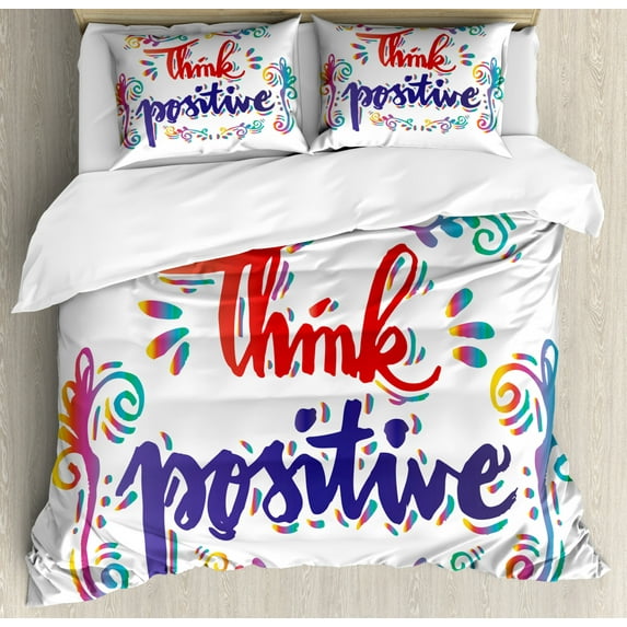 Inspirational Duvet Cover Set King Size, Think Positive Stylized Calligraphic Art Floral Swirls Optimistic Life Quote, Decorative 3 Piece Bedding Set with 2 Pillow Shams, Multicolor, by Ambesonne