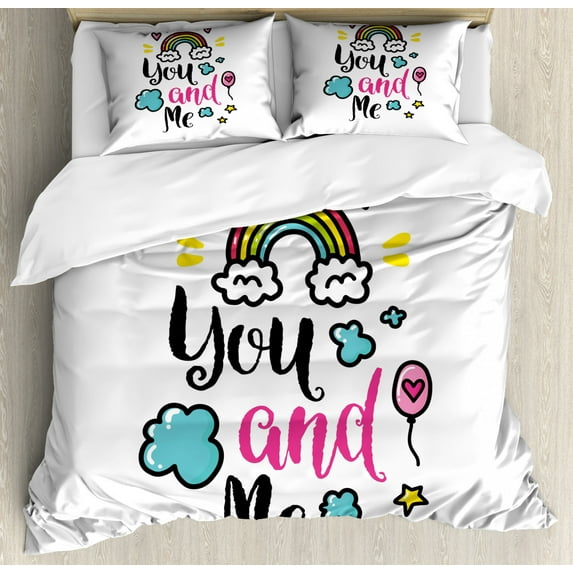Inspirational Duvet Cover Set King Size, You and Me Quote with Rainbow Clouds and Hearts Love Romance Doodle Print, Decorative 3 Piece Bedding Set with 2 Pillow Shams, Multicolor, by Ambesonne