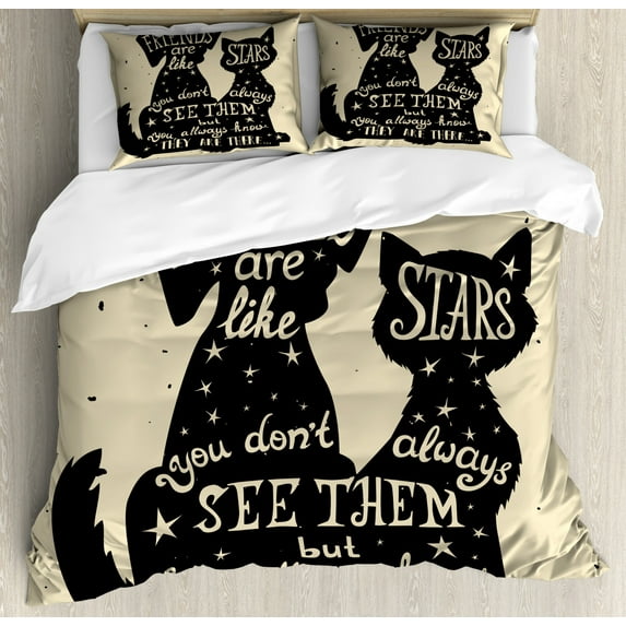 Inspirational Duvet Cover Set Queen Size, Cat and Dog Silhouettes with Friendship Themed Phrase ans Stars Grungy Display, Decorative 3 Piece Bedding Set with 2 Pillow Shams, Black Tan, by Ambesonne