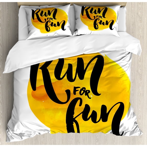 Inspirational Duvet Cover Set, Run for Fun Calligraphy Yellow Brushstrokes Backdrop Lifestyle Image, Decorative 3 Piece Bedding Set with 2 Pillow Shams, Queen Size, Black White Yellow, by Ambesonne