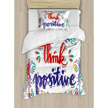 Inspirational Duvet Cover Set Twin Size, Think Positive Stylized Calligraphic Art Floral Swirls Optimistic Life Quote, Decorative 2 Piece Bedding Set with 1 Pillow Sham, Multicolor, by Ambesonne