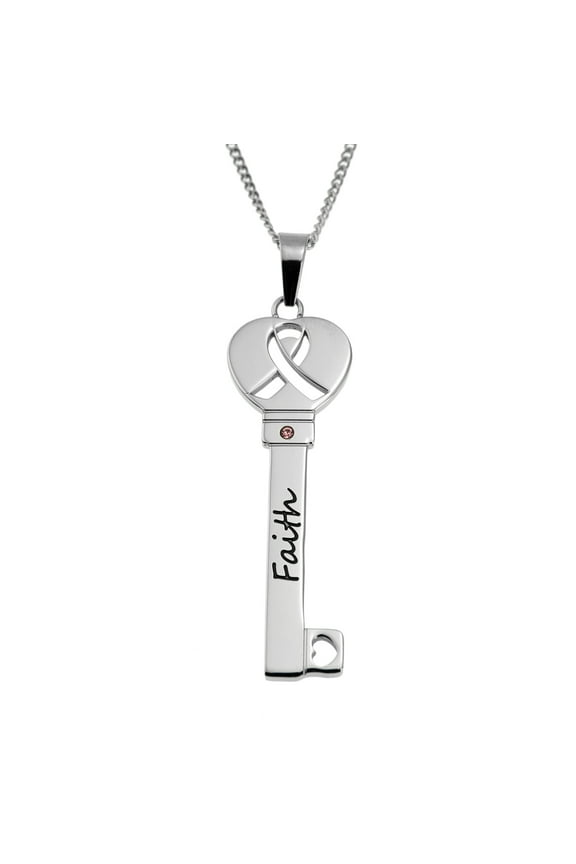 Inspirational "Faith" Key Pendant Necklace with Pink Crystal and Awareness Ribbon