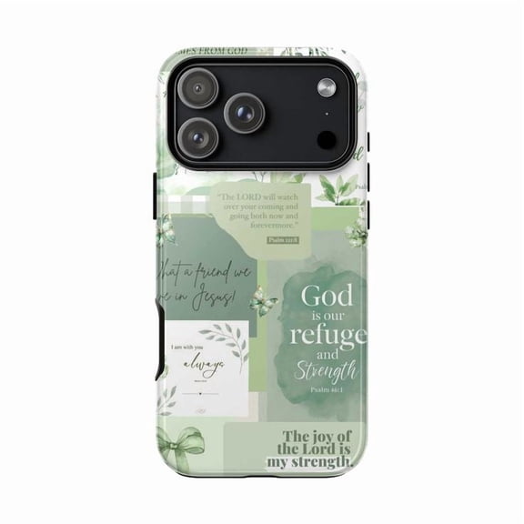 Inspirational Faith Quote iPhone Case, Green & White Leaf Collage Protective Cover for iPhone 17 16 15 14 13 12 11 Pro Plus Mini
