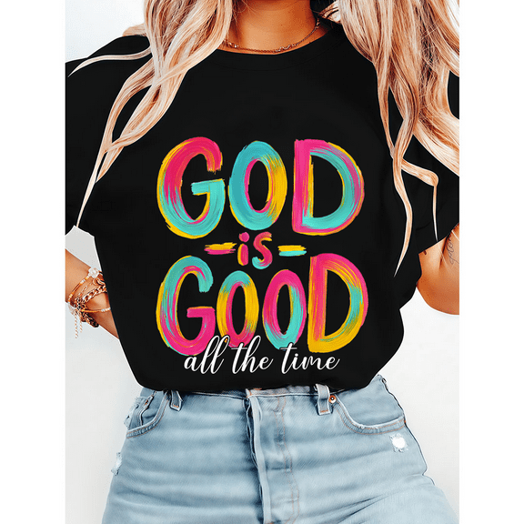 Inspirational Faith Tops for Women & Men Christian Tshirts God is Good All The Time Graphic Tees Short Sleeve Shirts Religious Apparel Casual Tops for Holiday Black,M