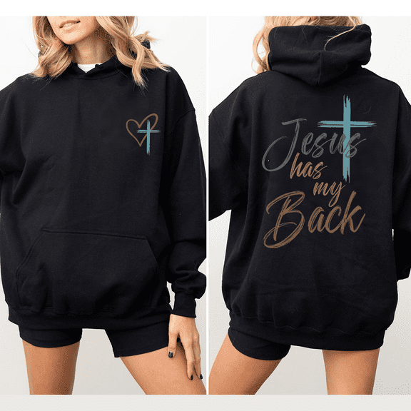 Inspirational Faith Tops for Women & Men Jesus Has My Back Sweatshirts Religious Apparel Christian Long Sleeve Hoodie Casual Pullover for Daily Outfits Black,M